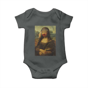 MMIW Awareness Baby Onesie Mona Lisa Red Handprint Indigenous Woman Stop Stolen Sisters TS10 Dark Heather Print Your Wear