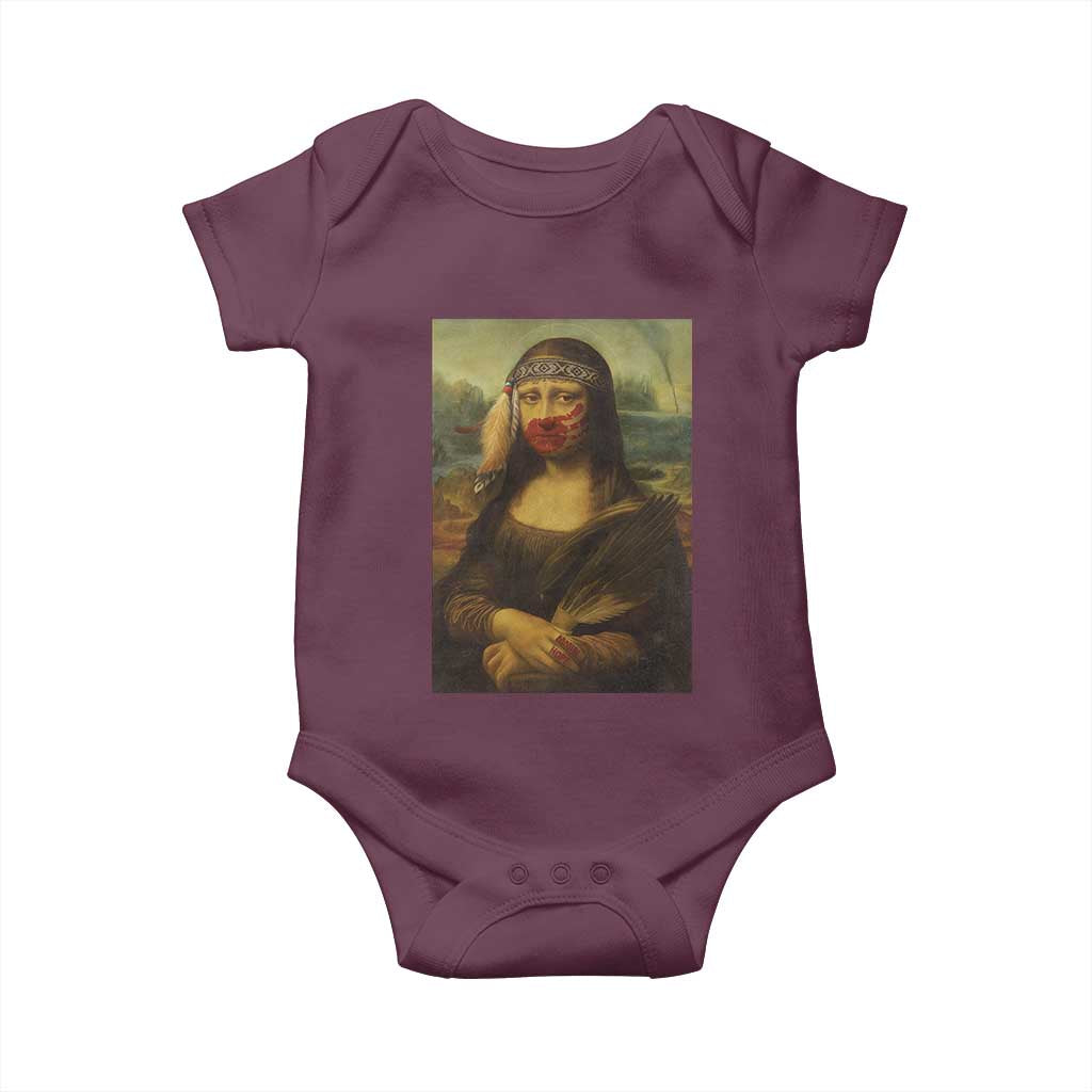 MMIW Awareness Baby Onesie Mona Lisa Red Handprint Indigenous Woman Stop Stolen Sisters TS10 Maroon Print Your Wear