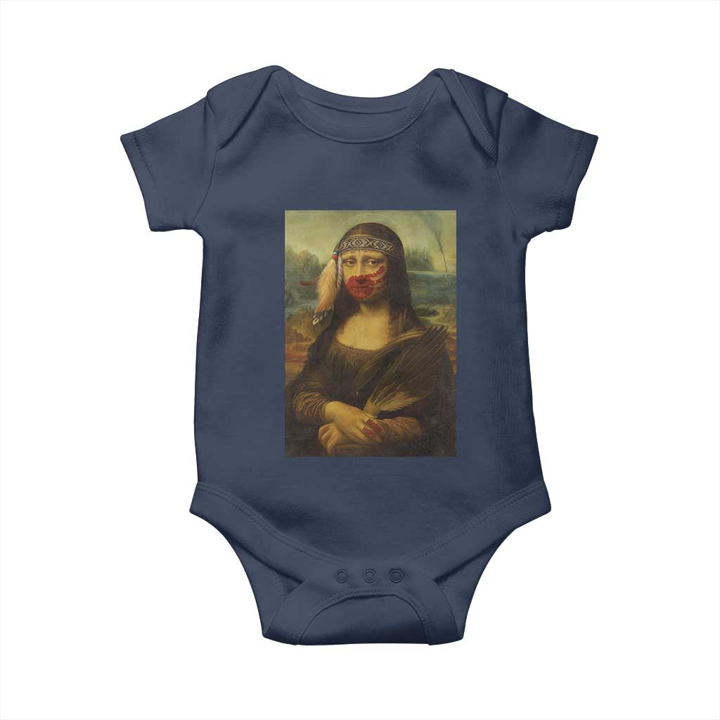 MMIW Awareness Baby Onesie Mona Lisa Red Handprint Indigenous Woman Stop Stolen Sisters TS10 Navy Print Your Wear