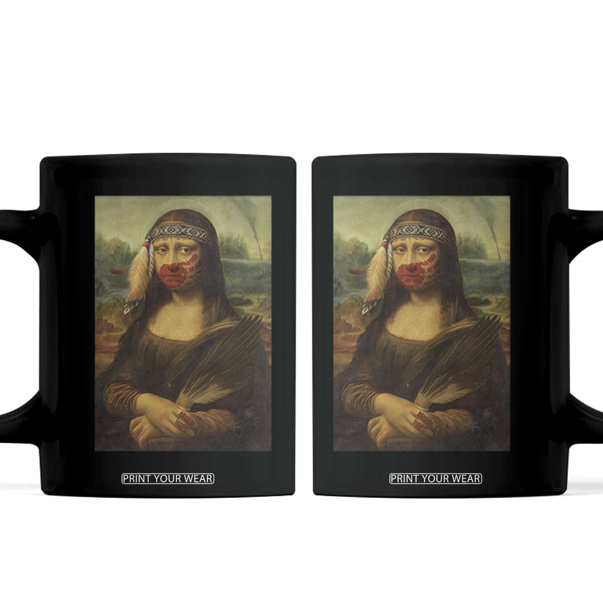 MMIW Awareness Coffee Mug Mona Lisa Red Handprint Indigenous Woman Stop Stolen Sisters TS10 Black Print Your Wear