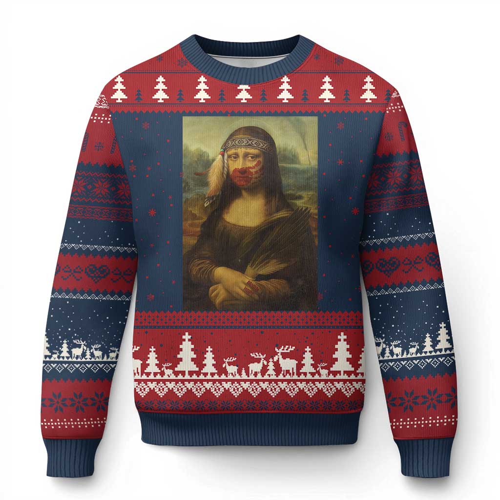 MMIW Awareness Ugly Christmas Sweater Mona Lisa Red Handprint Indigenous Woman Stop Stolen Sisters TS10 Navy Red Print Your Wear