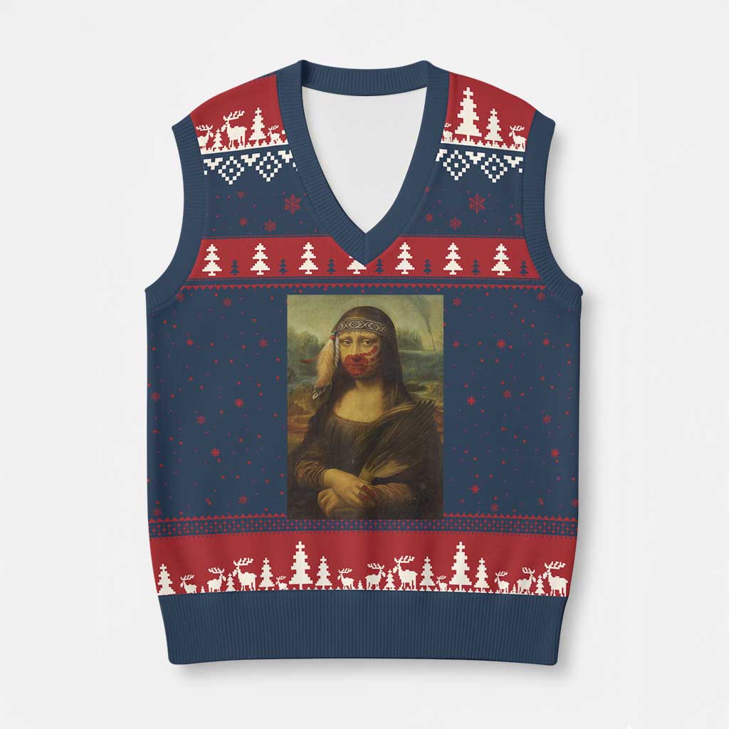 MMIW Awareness V-Neck Knit Sweater Vest Mona Lisa Red Handprint Indigenous Woman Stop Stolen Sisters TS10 Navy Red Print Your Wear