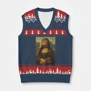 MMIW Awareness V-Neck Knit Sweater Vest Mona Lisa Red Handprint Indigenous Woman Stop Stolen Sisters TS10 Navy Red Print Your Wear