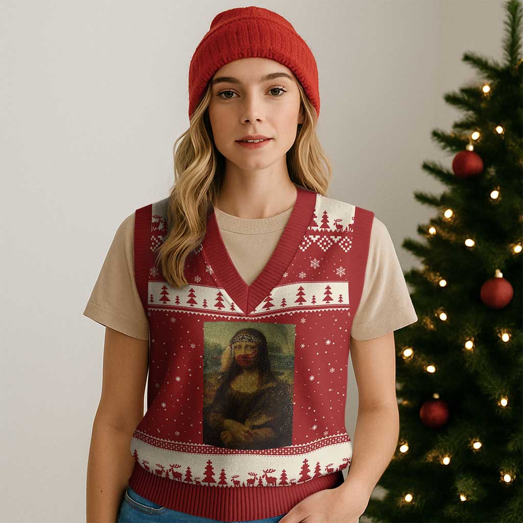 MMIW Awareness V-Neck Knit Sweater Vest Mona Lisa Red Handprint Indigenous Woman Stop Stolen Sisters TS10 Red Beige Print Your Wear