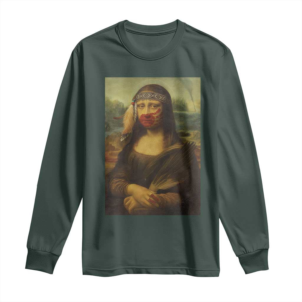 MMIW Awareness Long Sleeve Shirt Mona Lisa Red Handprint Indigenous Woman Stop Stolen Sisters TS10 Dark Forest Green Print Your Wear