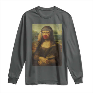 MMIW Awareness Long Sleeve Shirt Mona Lisa Red Handprint Indigenous Woman Stop Stolen Sisters TS10 Dark Heather Print Your Wear