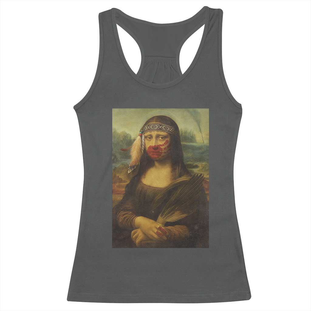 MMIW Awareness Racerback Tank Top Mona Lisa Red Handprint Indigenous Woman Stop Stolen Sisters TS10 Dark Heather Print Your Wear
