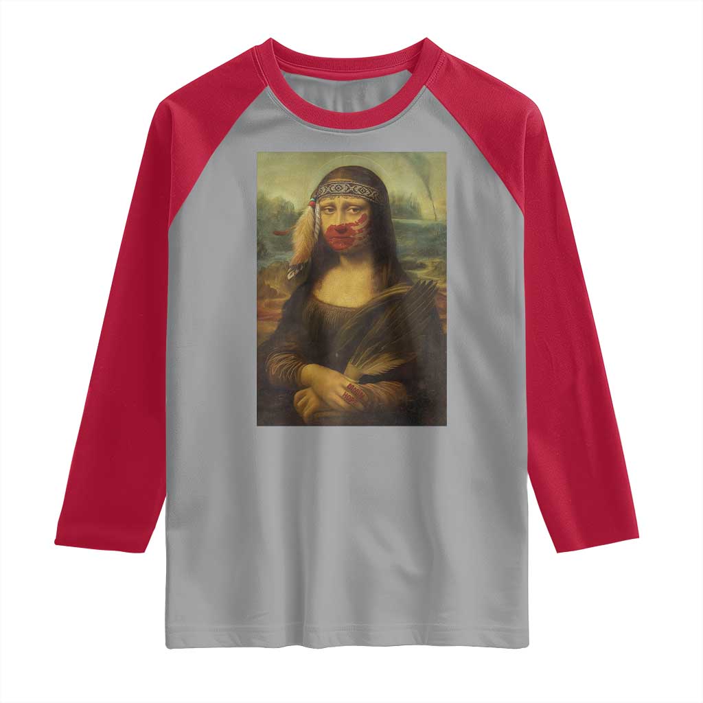 MMIW Awareness Raglan Shirt Mona Lisa Red Handprint Indigenous Woman Stop Stolen Sisters TS10 Sport Gray Red Print Your Wear