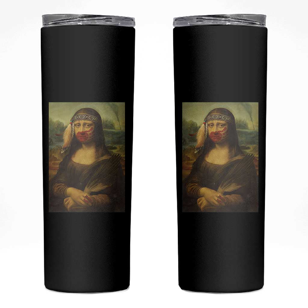MMIW Awareness Skinny Tumbler Mona Lisa Red Handprint Indigenous Woman Stop Stolen Sisters TS10 Black Print Your Wear
