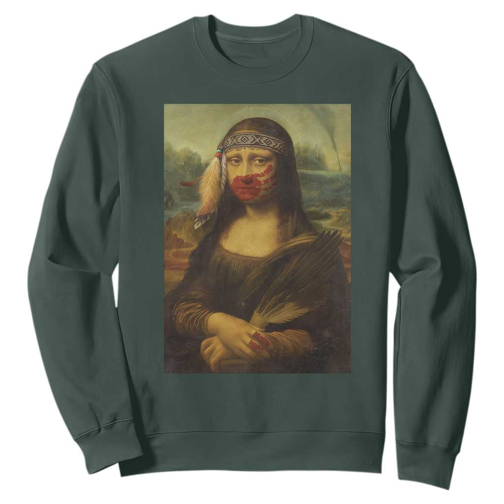 MMIW Awareness Sweatshirt Mona Lisa Red Handprint Indigenous Woman Stop Stolen Sisters TS10 Dark Forest Green Print Your Wear