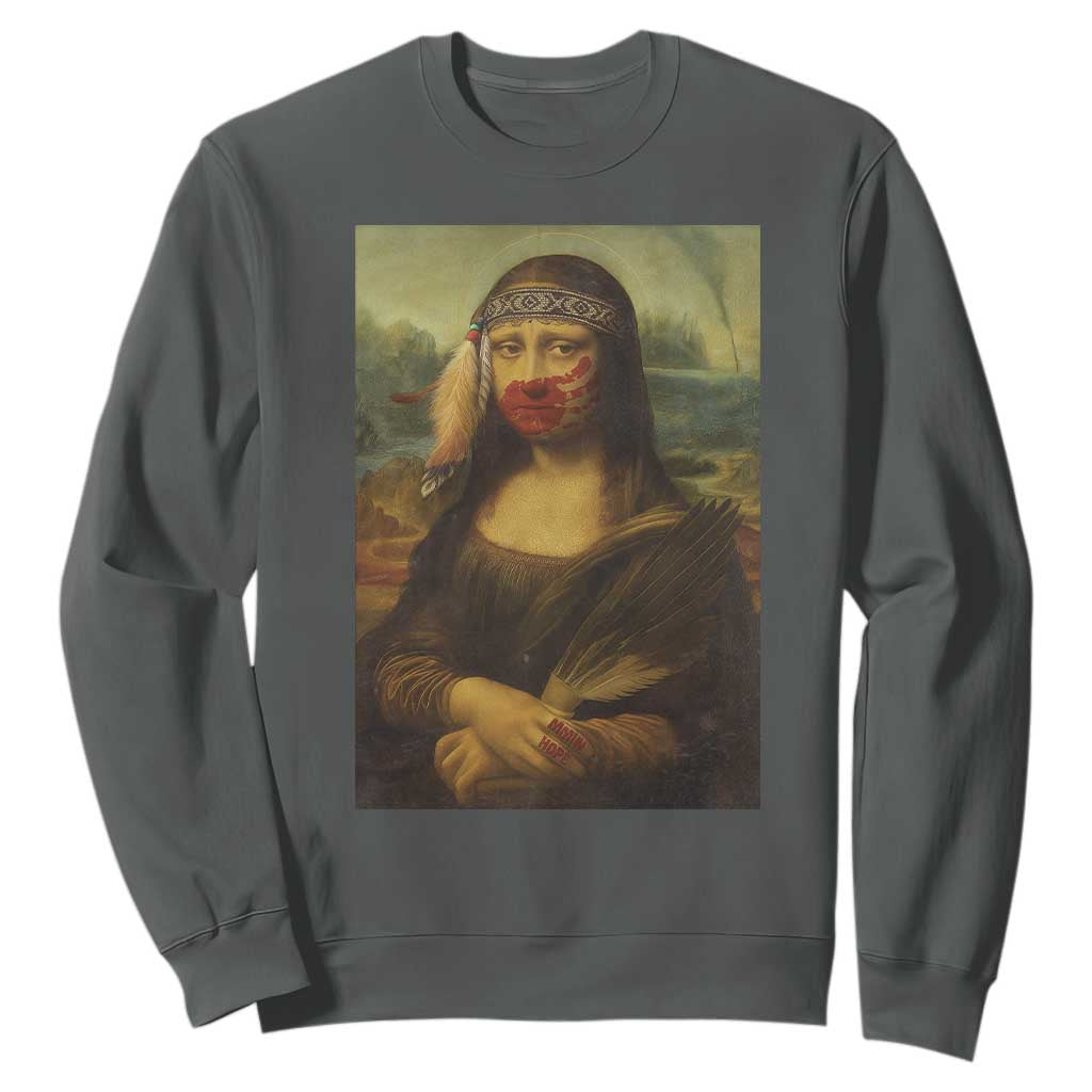 MMIW Awareness Sweatshirt Mona Lisa Red Handprint Indigenous Woman Stop Stolen Sisters TS10 Dark Heather Print Your Wear