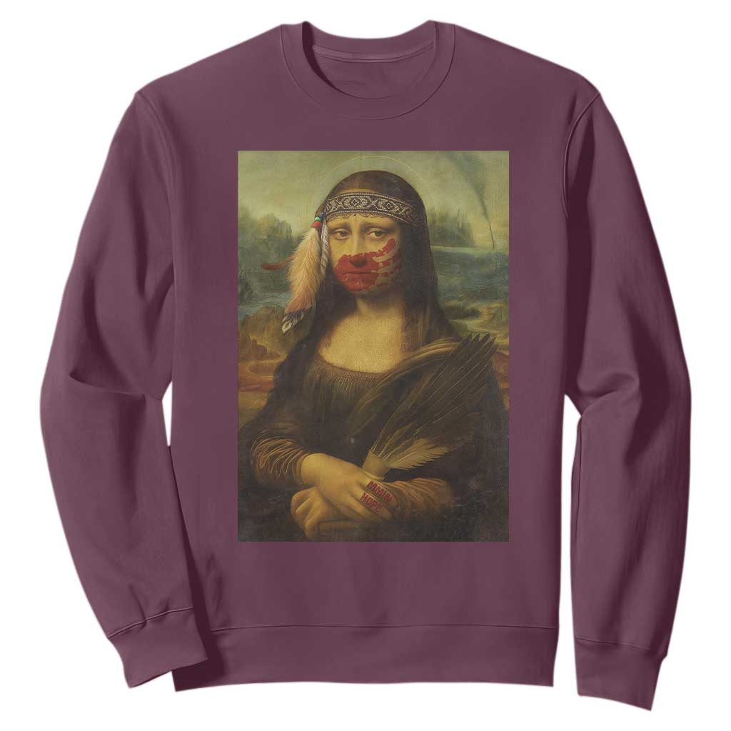 MMIW Awareness Sweatshirt Mona Lisa Red Handprint Indigenous Woman Stop Stolen Sisters TS10 Maroon Print Your Wear