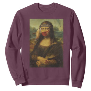 MMIW Awareness Sweatshirt Mona Lisa Red Handprint Indigenous Woman Stop Stolen Sisters TS10 Maroon Print Your Wear