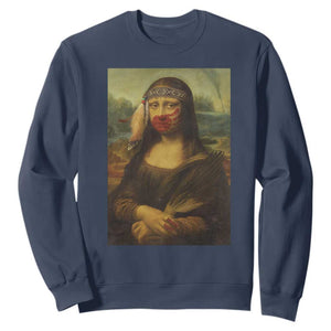 MMIW Awareness Sweatshirt Mona Lisa Red Handprint Indigenous Woman Stop Stolen Sisters TS10 Navy Print Your Wear