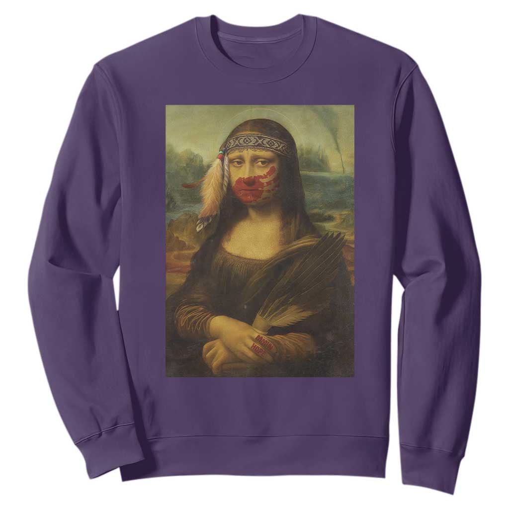 MMIW Awareness Sweatshirt Mona Lisa Red Handprint Indigenous Woman Stop Stolen Sisters TS10 Purple Print Your Wear
