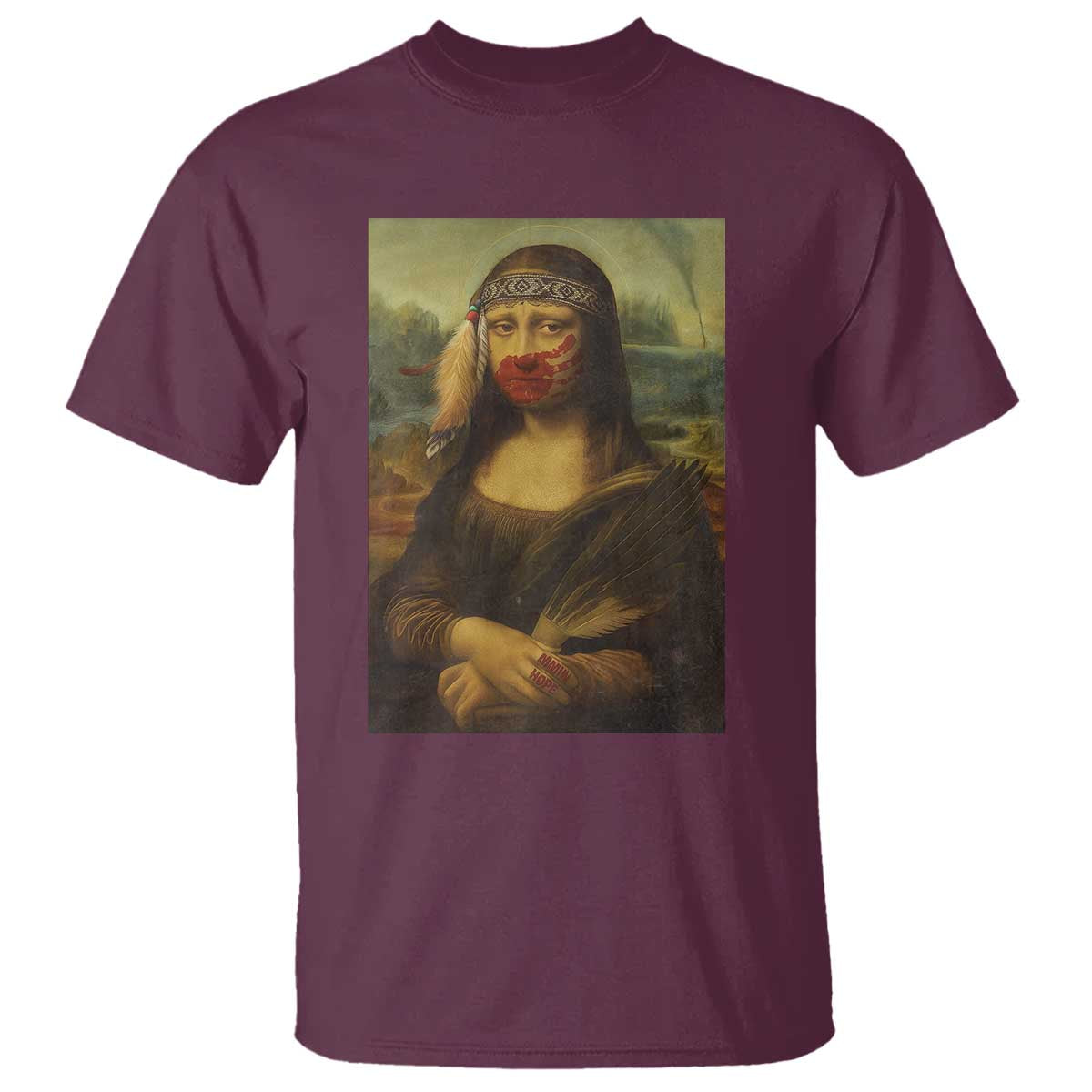 MMIW Awareness T Shirt Mona Lisa Red Handprint Indigenous Woman Stop Stolen Sisters TS10 Maroon Print Your Wear