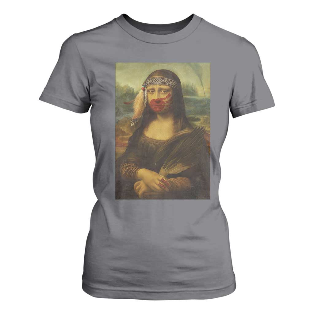 MMIW Awareness T Shirt For Women Mona Lisa Red Handprint Indigenous Woman Stop Stolen Sisters TS10 Charcoal Print Your Wear