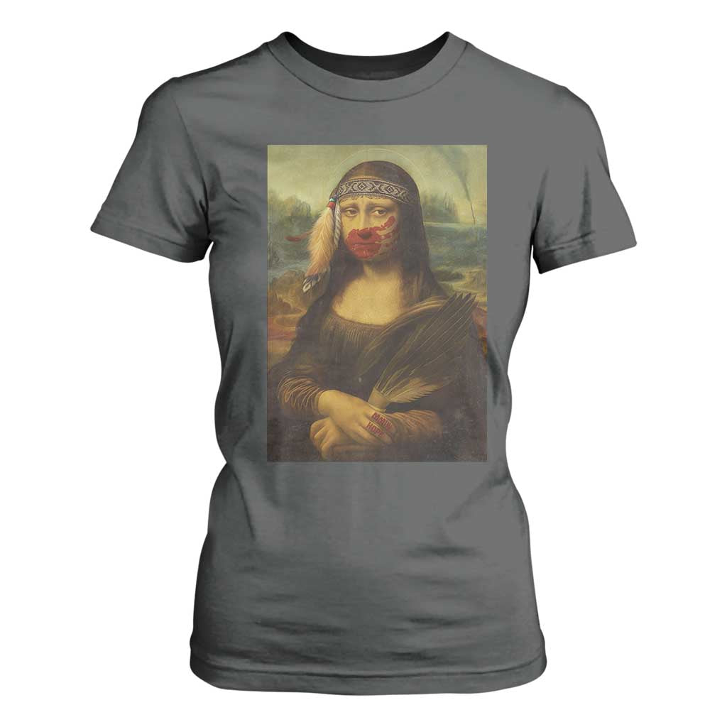MMIW Awareness T Shirt For Women Mona Lisa Red Handprint Indigenous Woman Stop Stolen Sisters TS10 Dark Heather Print Your Wear
