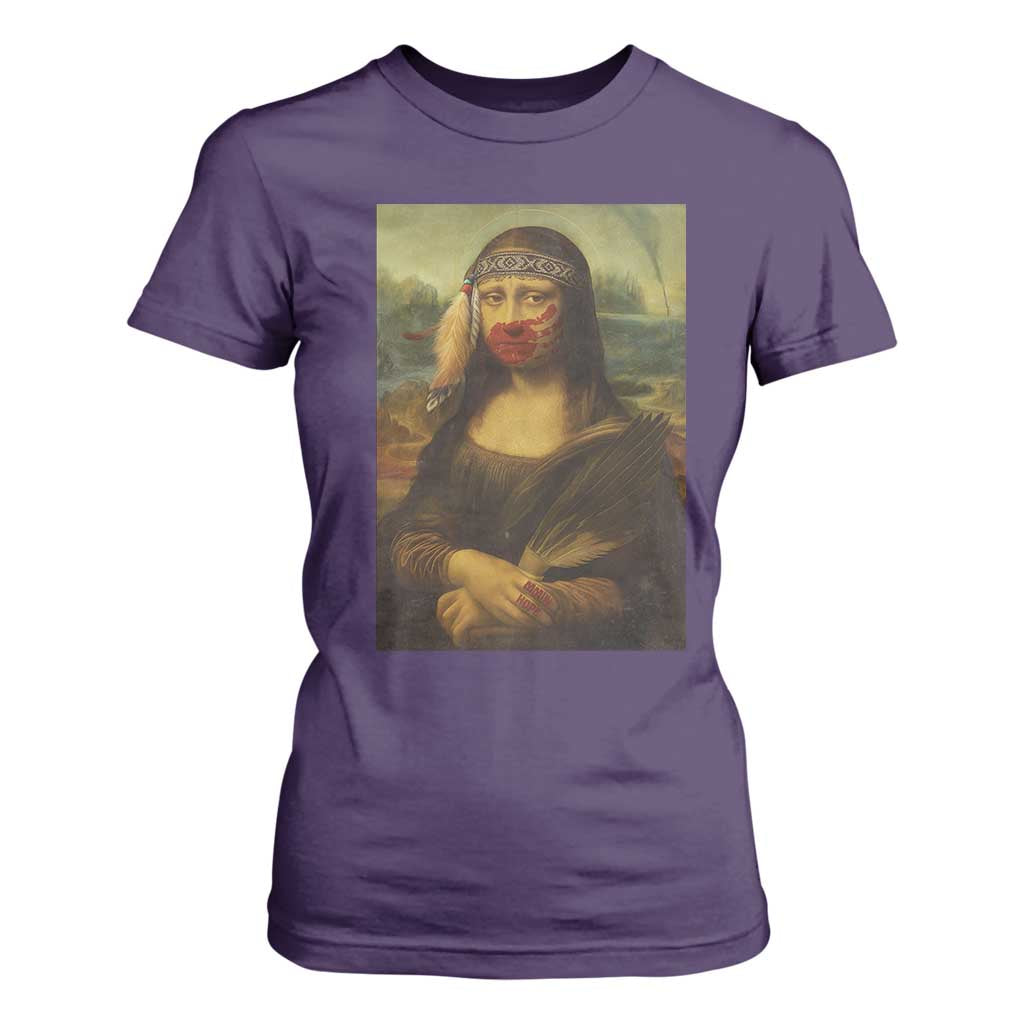 MMIW Awareness T Shirt For Women Mona Lisa Red Handprint Indigenous Woman Stop Stolen Sisters TS10 Purple Print Your Wear