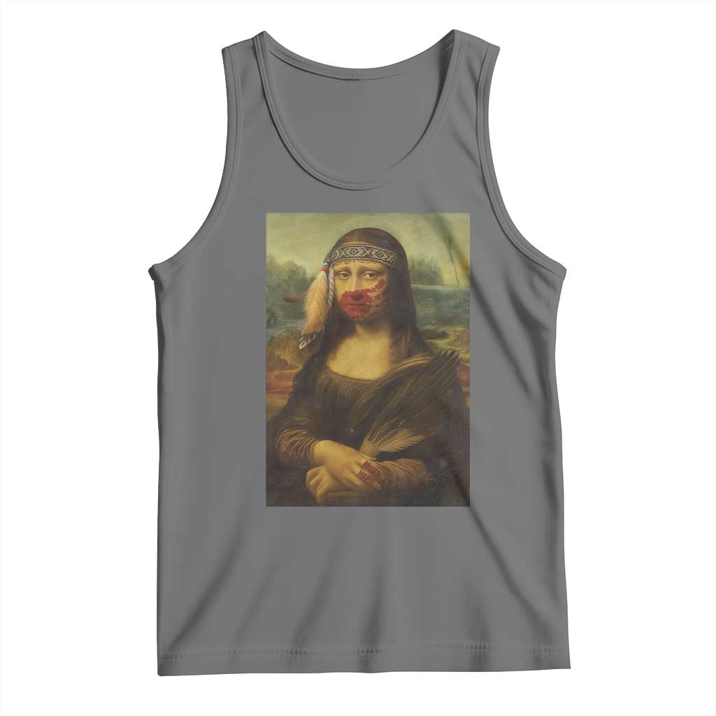 MMIW Awareness Tank Top Mona Lisa Red Handprint Indigenous Woman Stop Stolen Sisters TS10 Black Heather Print Your Wear