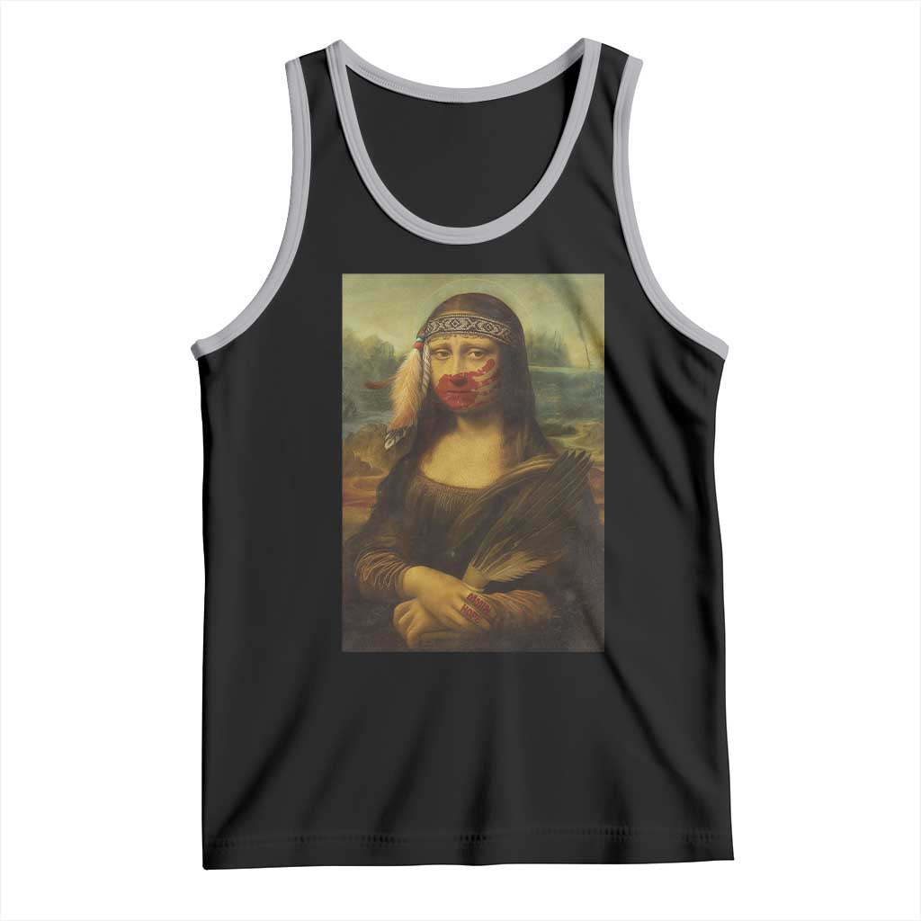 MMIW Awareness Tank Top Mona Lisa Red Handprint Indigenous Woman Stop Stolen Sisters TS10 Black Athletic Heather Print Your Wear