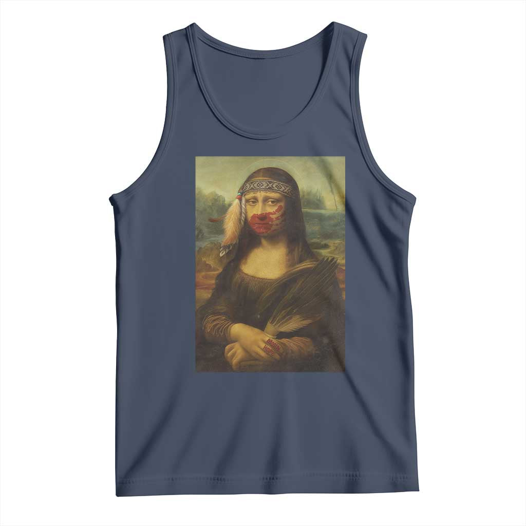 MMIW Awareness Tank Top Mona Lisa Red Handprint Indigenous Woman Stop Stolen Sisters TS10 Navy Print Your Wear