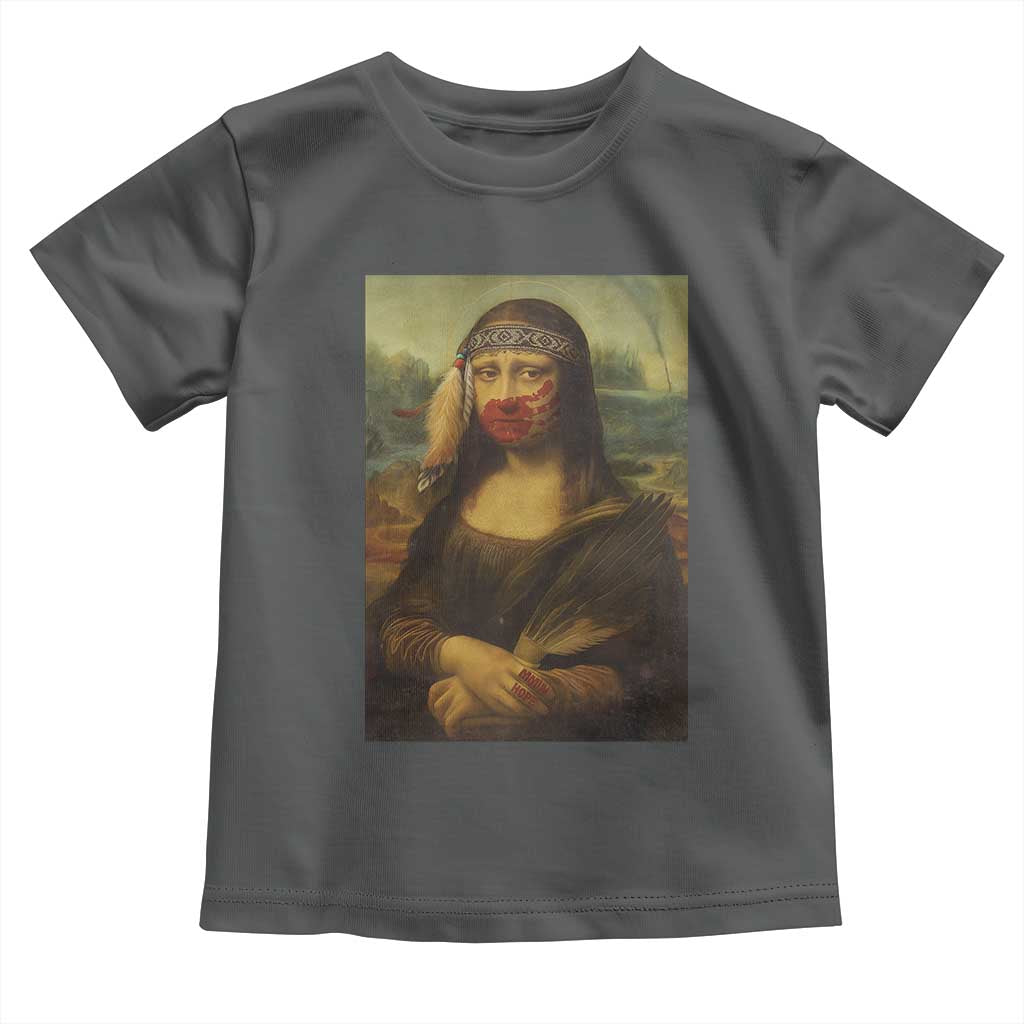 MMIW Awareness Toddler T Shirt Mona Lisa Red Handprint Indigenous Woman Stop Stolen Sisters TS10 Dark Heather Print Your Wear