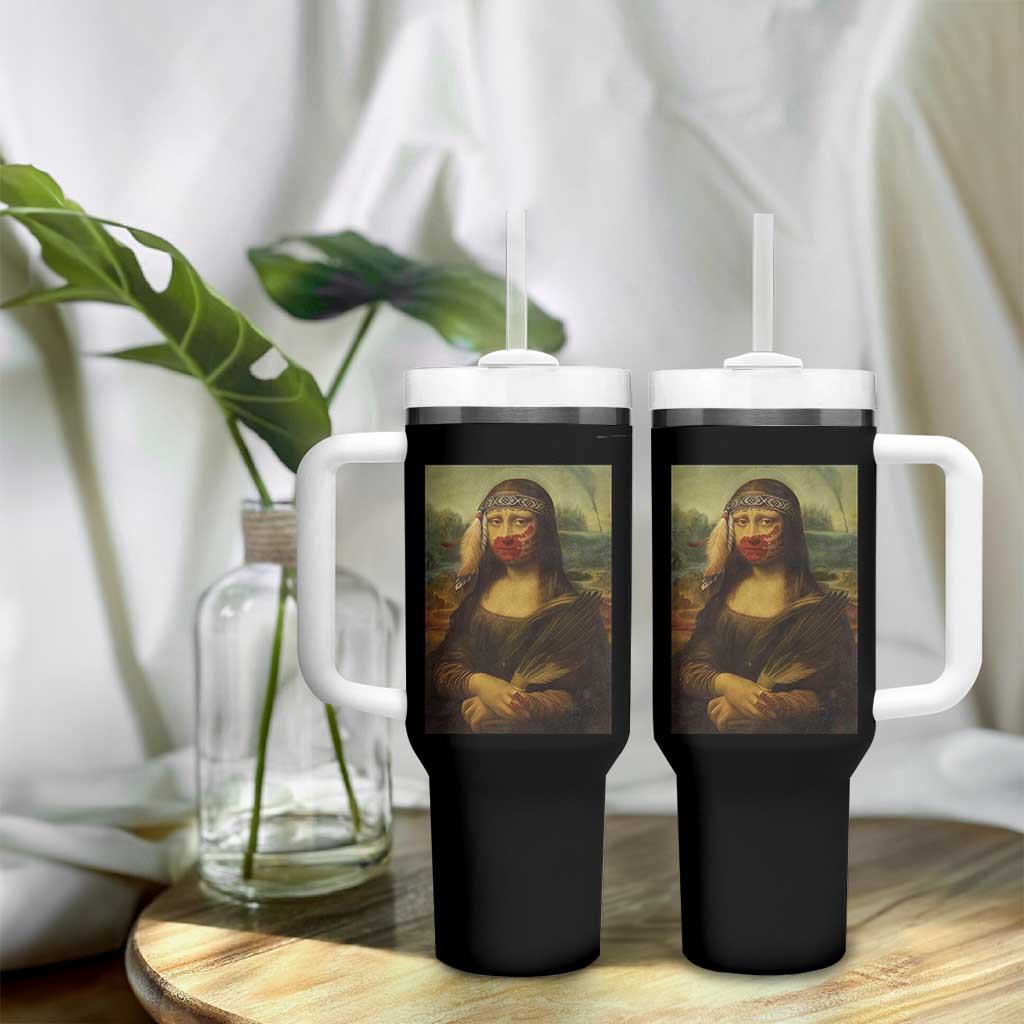 MMIW Awareness Tumbler With Handle Mona Lisa Red Handprint Indigenous Woman Stop Stolen Sisters TS10 Print Your Wear
