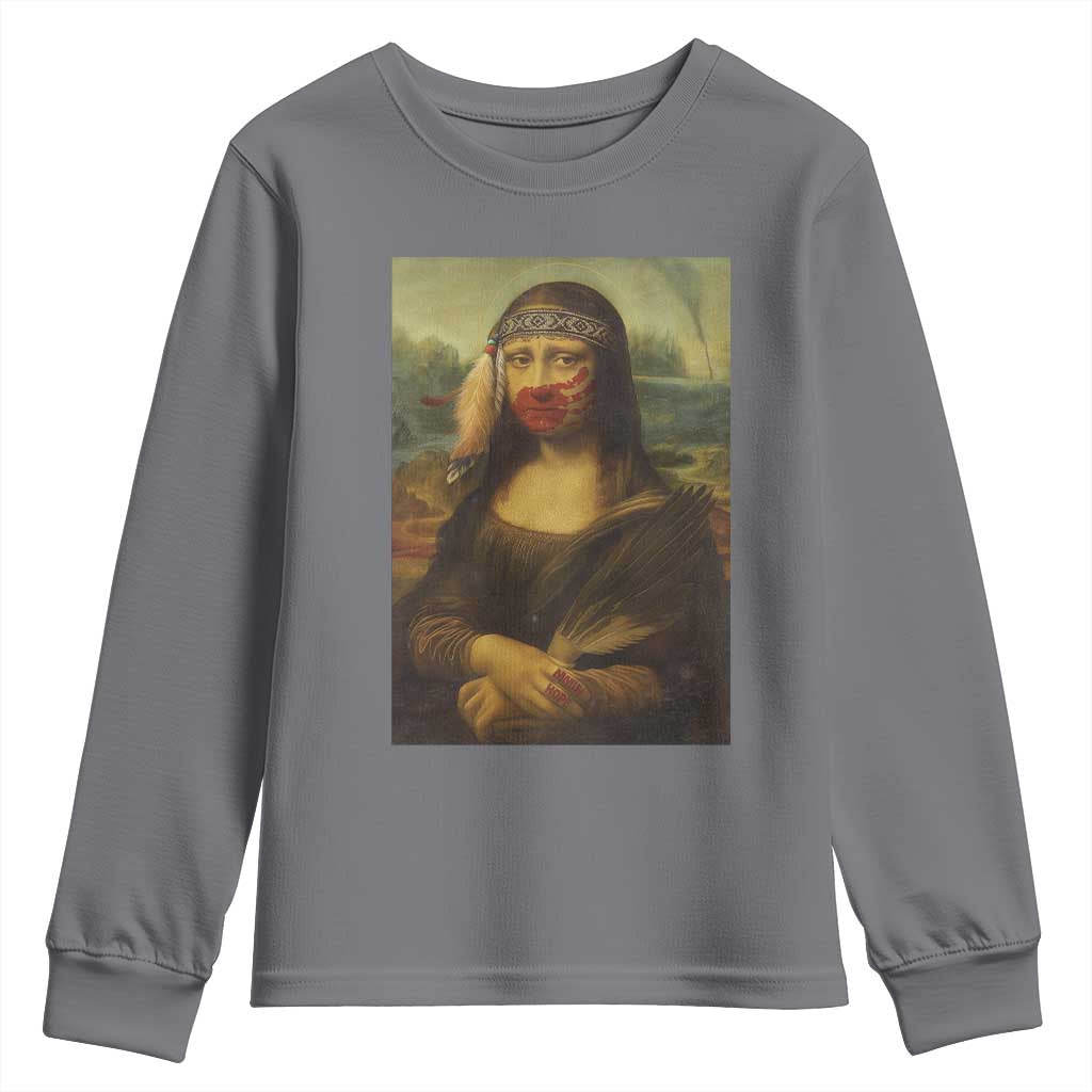 MMIW Awareness Youth Sweatshirt Mona Lisa Red Handprint Indigenous Woman Stop Stolen Sisters TS10 Charcoal Print Your Wear