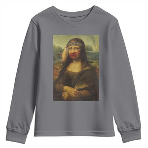 MMIW Awareness Youth Sweatshirt Mona Lisa Red Handprint Indigenous Woman Stop Stolen Sisters TS10 Charcoal Print Your Wear