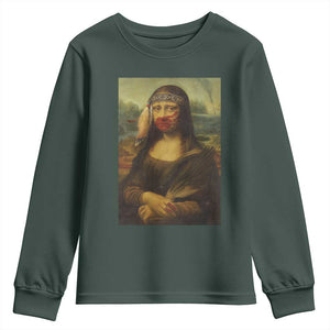 MMIW Awareness Youth Sweatshirt Mona Lisa Red Handprint Indigenous Woman Stop Stolen Sisters TS10 Dark Forest Green Print Your Wear