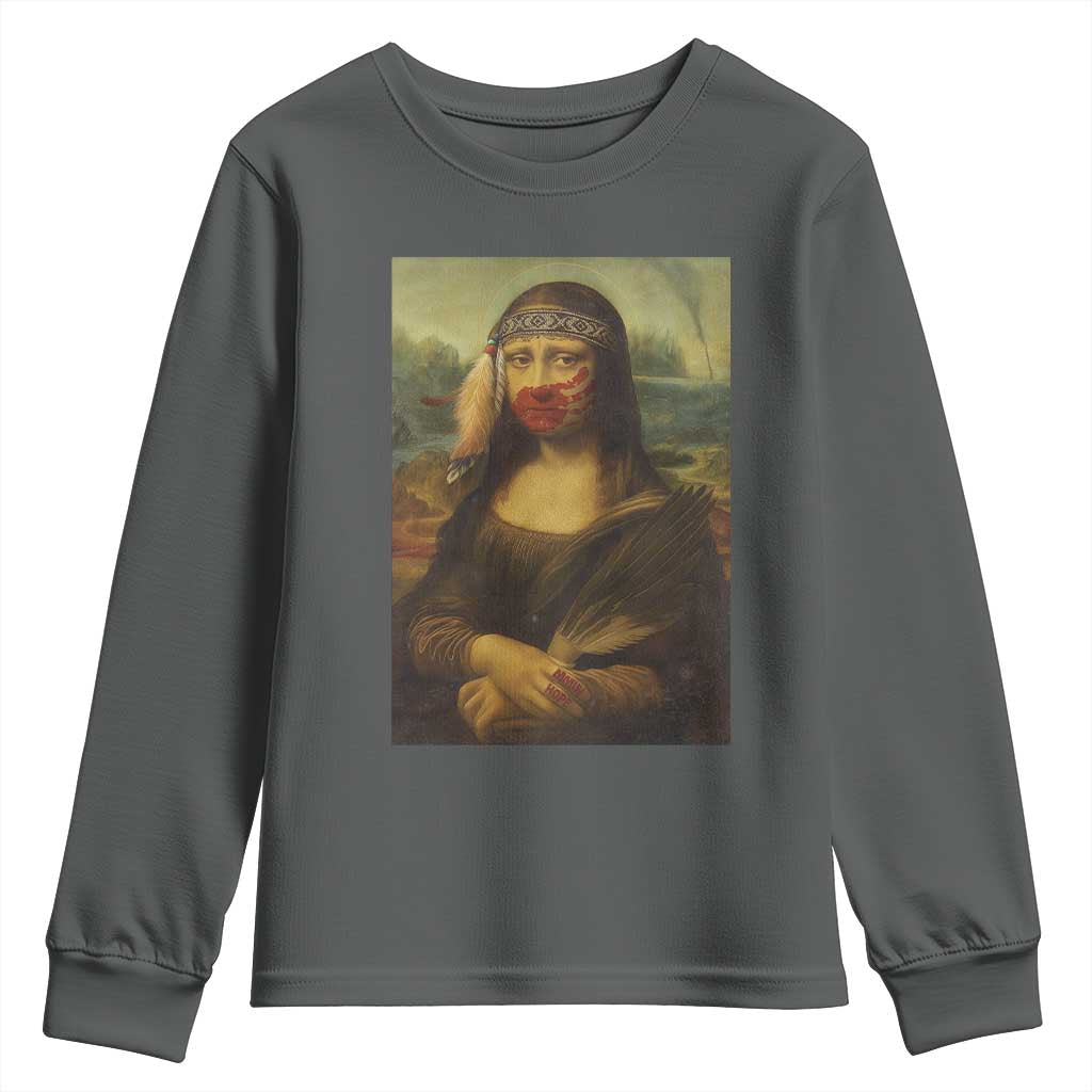 MMIW Awareness Youth Sweatshirt Mona Lisa Red Handprint Indigenous Woman Stop Stolen Sisters TS10 Dark Heather Print Your Wear