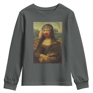 MMIW Awareness Youth Sweatshirt Mona Lisa Red Handprint Indigenous Woman Stop Stolen Sisters TS10 Dark Heather Print Your Wear
