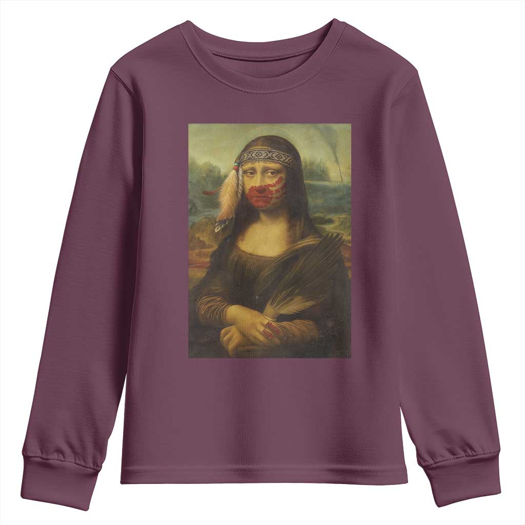 MMIW Awareness Youth Sweatshirt Mona Lisa Red Handprint Indigenous Woman Stop Stolen Sisters TS10 Maroon Print Your Wear