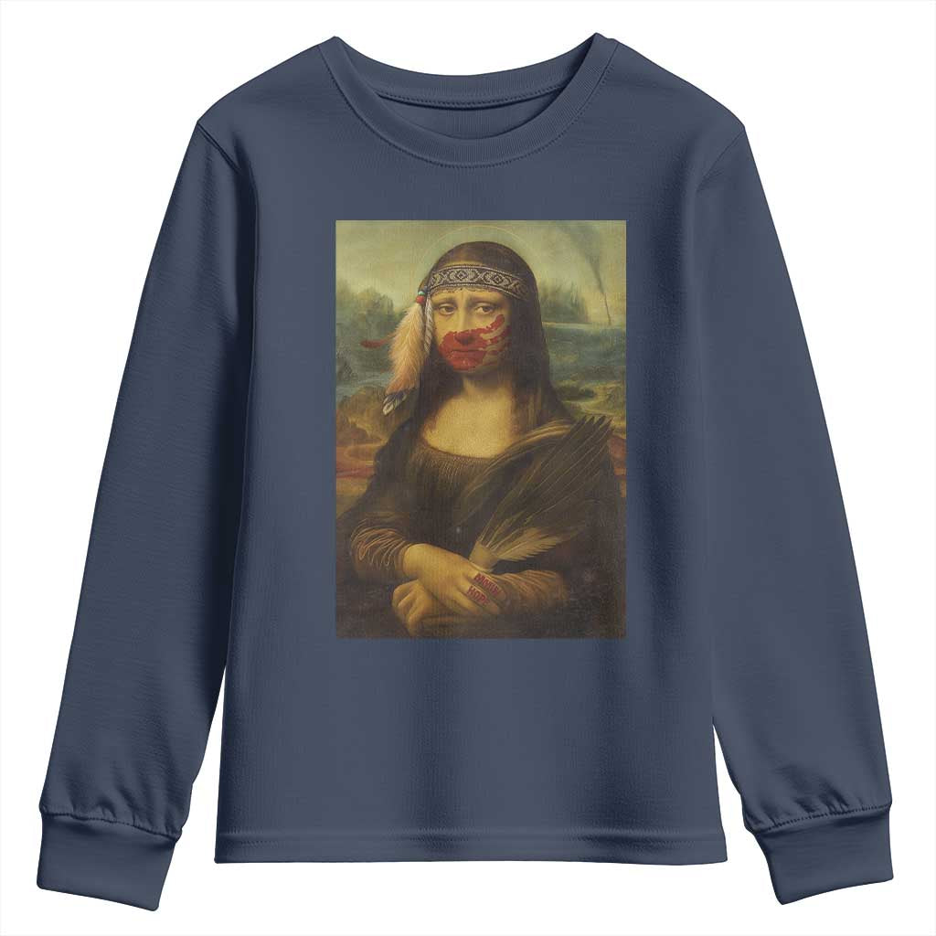 MMIW Awareness Youth Sweatshirt Mona Lisa Red Handprint Indigenous Woman Stop Stolen Sisters TS10 Navy Print Your Wear