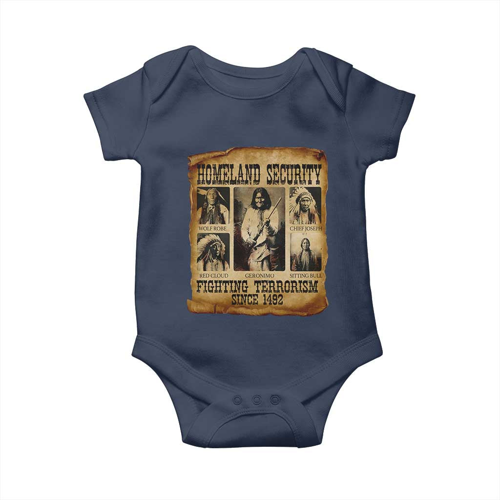Vintage Native American Baby Onesie Homeland Security Fighting Terrorism Since 1492 TS10 Navy Print Your Wear