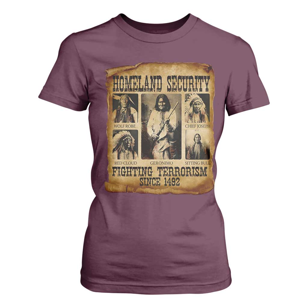 Vintage Native American T Shirt For Women Homeland Security Fighting Terrorism Since 1492 TS10 Maroon Print Your Wear