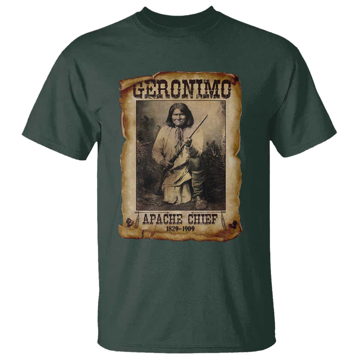 Geronimo T Shirt Vintage Apache Warrior Native American TS10 Dark Forest Green Print Your Wear