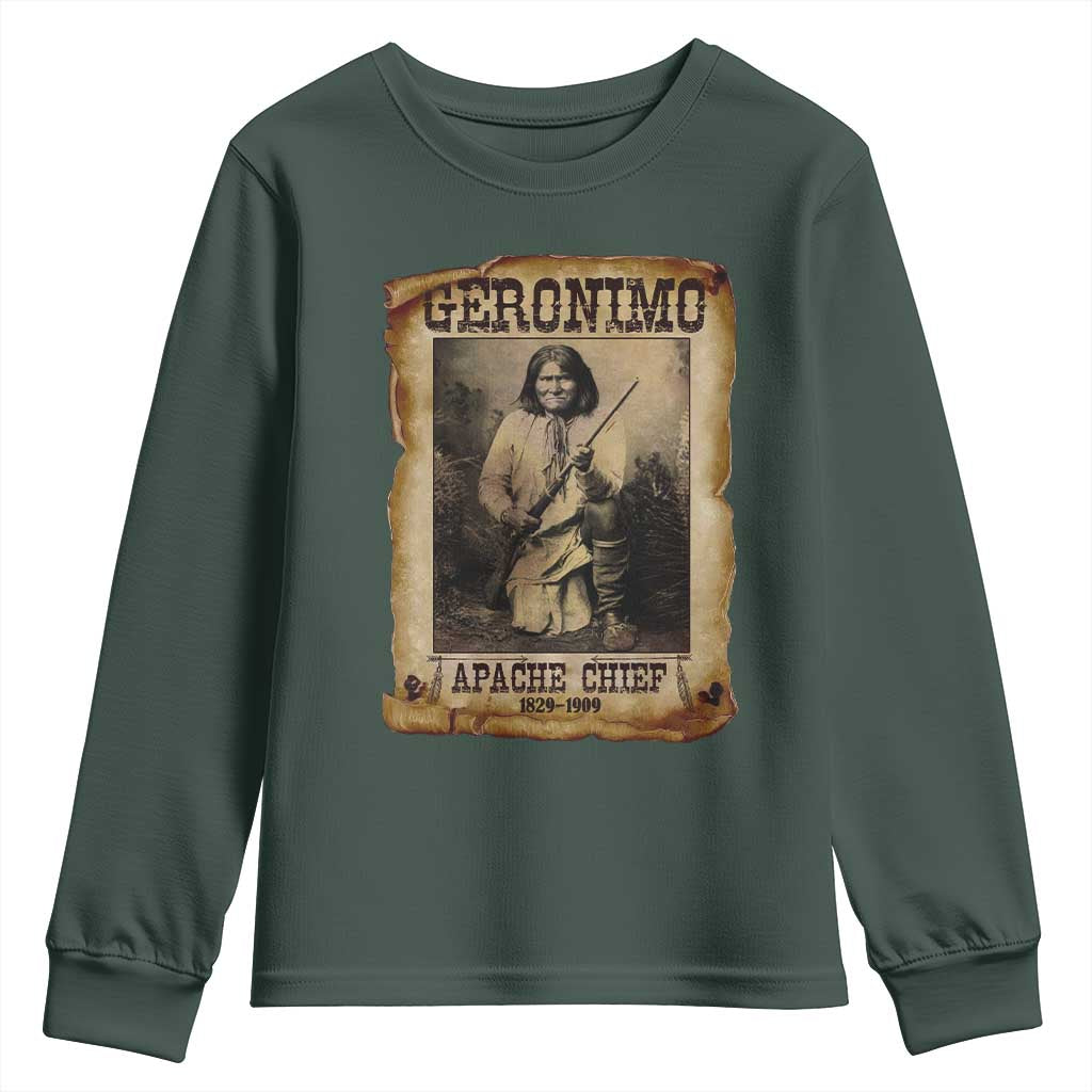 Geronimo Youth Sweatshirt Vintage Apache Warrior Native American TS10 Dark Forest Green Print Your Wear