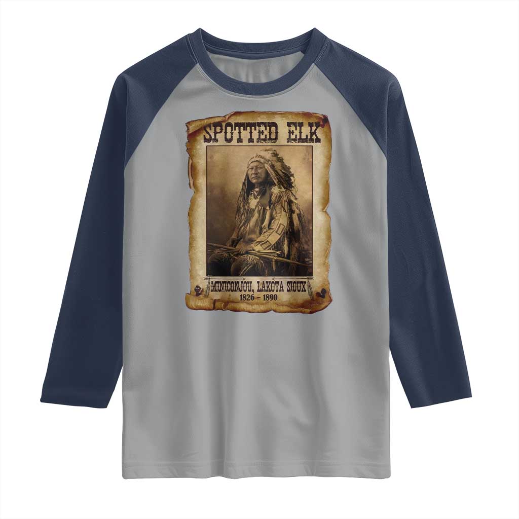 Spotted Elk Raglan Shirt Lakota Sioux Miniconjou Chief Native American History TS10 Sport Gray Navy Print Your Wear