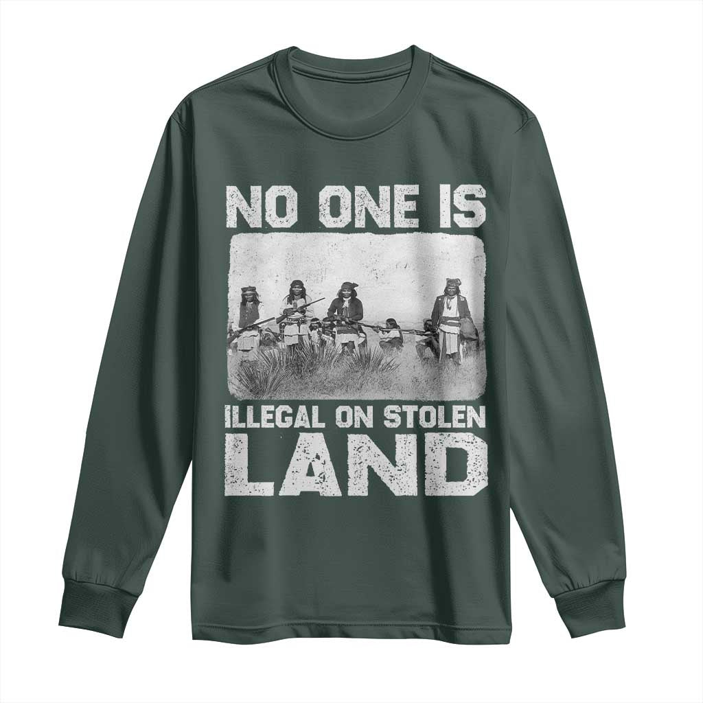 No One Is Illegal On Stolen Land Long Sleeve Shirt Native Tribe Indigenous People TS10 Dark Forest Green Print Your Wear