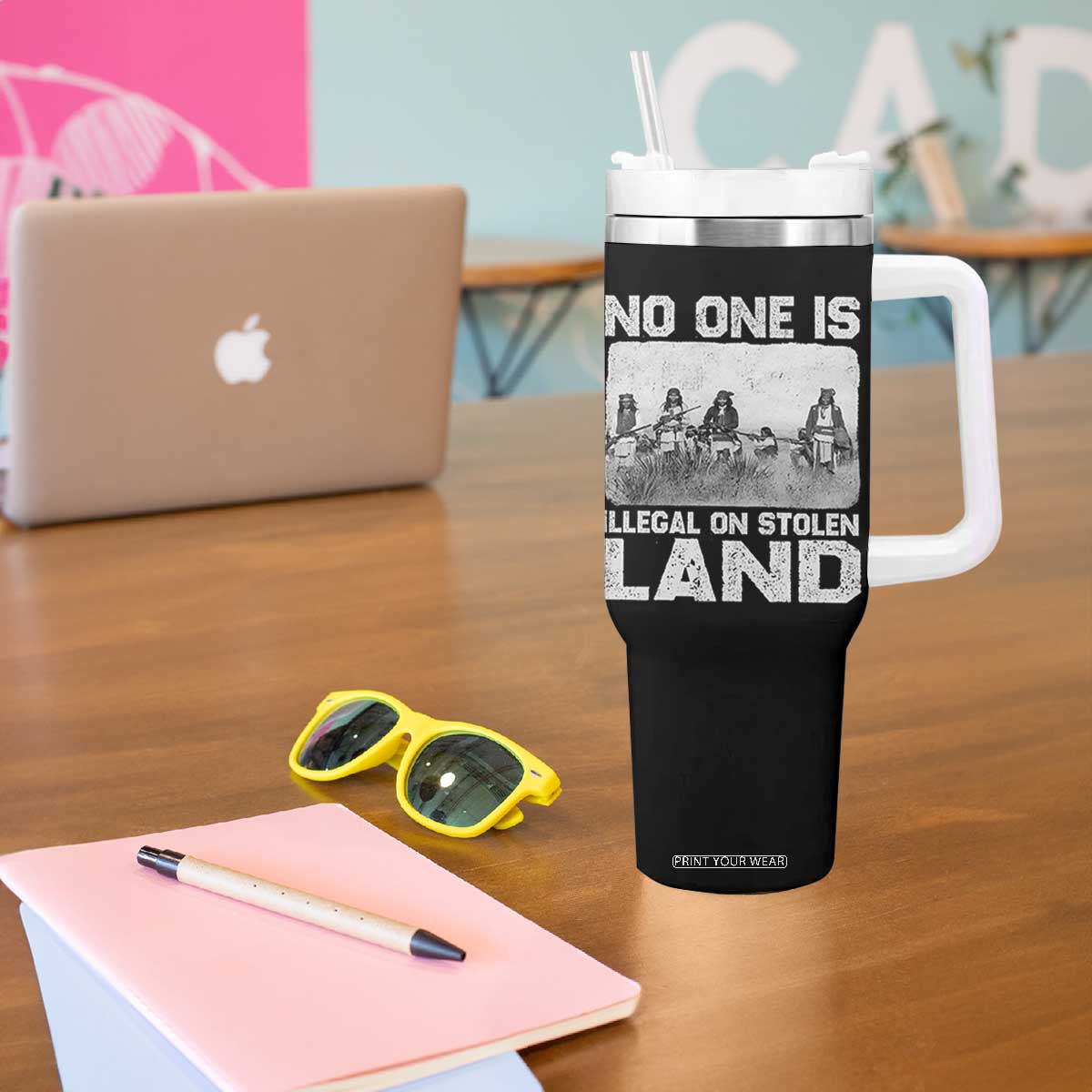 No One Is Illegal On Stolen Land Tumbler With Handle Native Tribe Indigenous People TS10 Print Your Wear
