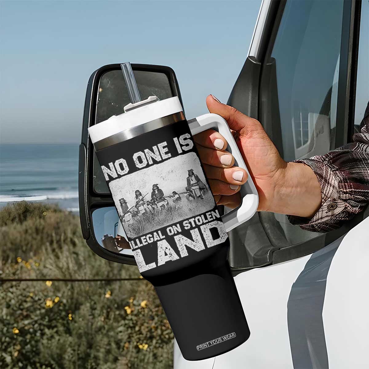 No One Is Illegal On Stolen Land Tumbler With Handle Native Tribe Indigenous People TS10 Print Your Wear