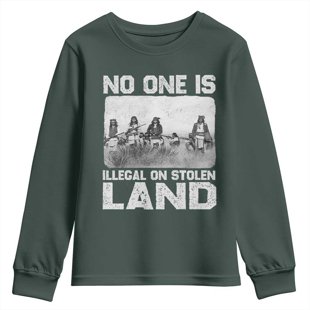 No One Is Illegal On Stolen Land Youth Sweatshirt Native Tribe Indigenous People TS10 Dark Forest Green Print Your Wear