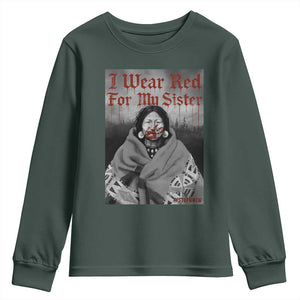 Stop MMIW Youth Sweatshirt I Wear Red For My Sister Native American TS10 Dark Forest Green Print Your Wear