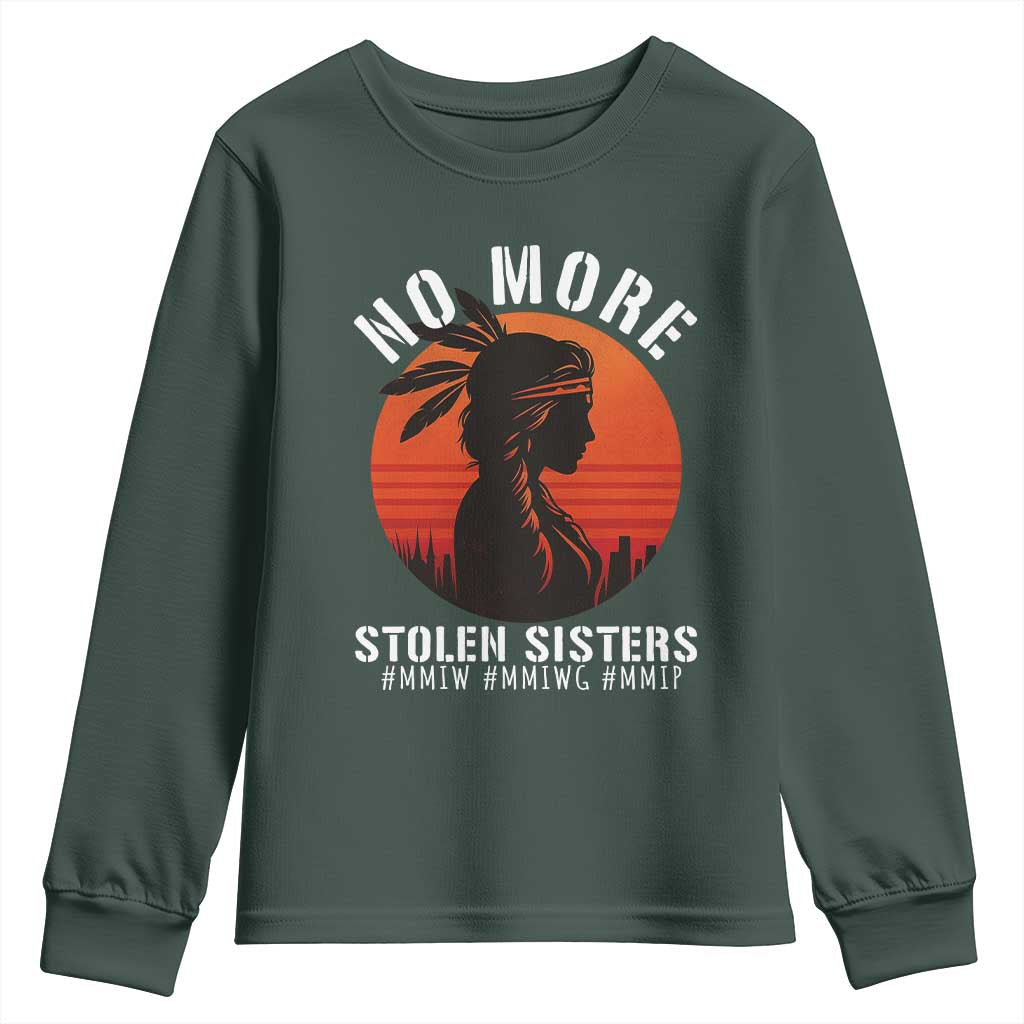 MMIW No More Stolen Sisters Youth Sweatshirt American Native Indigenous Woman TS10 Dark Forest Green Print Your Wear