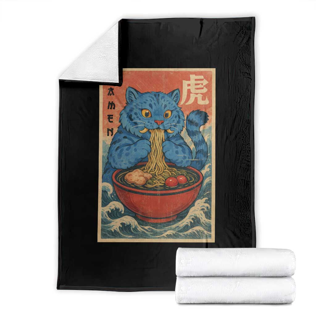 Anime Blue Cat Ramen Throw Blanket Vintage Japanese Art Funny Kawaii Demon Cat Tiger TS10 Black Print Your Wear