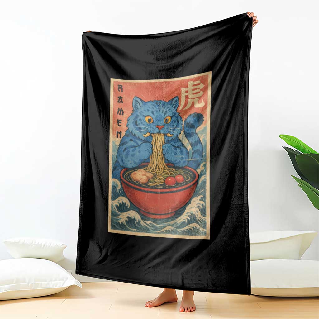 Anime Blue Cat Ramen Throw Blanket Vintage Japanese Art Funny Kawaii Demon Cat Tiger TS10 Print Your Wear