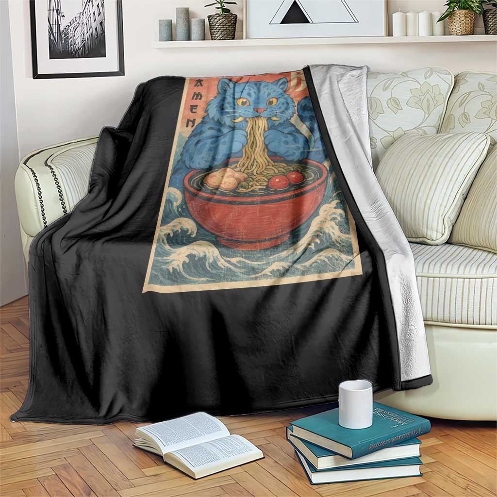 Anime Blue Cat Ramen Throw Blanket Vintage Japanese Art Funny Kawaii Demon Cat Tiger TS10 Print Your Wear