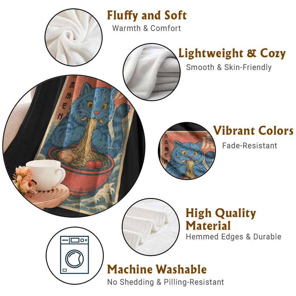 Anime Blue Cat Ramen Throw Blanket Vintage Japanese Art Funny Kawaii Demon Cat Tiger TS10 Print Your Wear